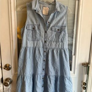 SO Light Blue Button-Up Denim Top Dress Sleeveless Lightweight Tiered Soft